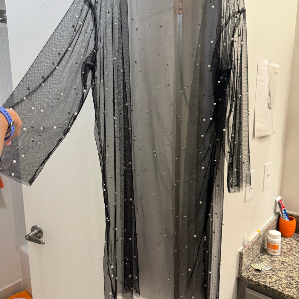 Black Sheer Pearl-Embellished cardigan